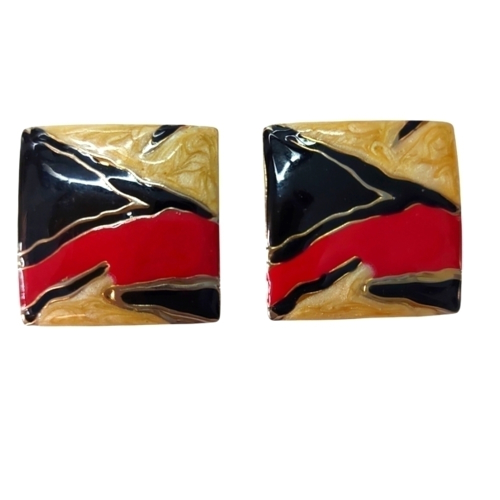 Retro 80s Square Brass Enamel Earrings - Picture 3 of 3